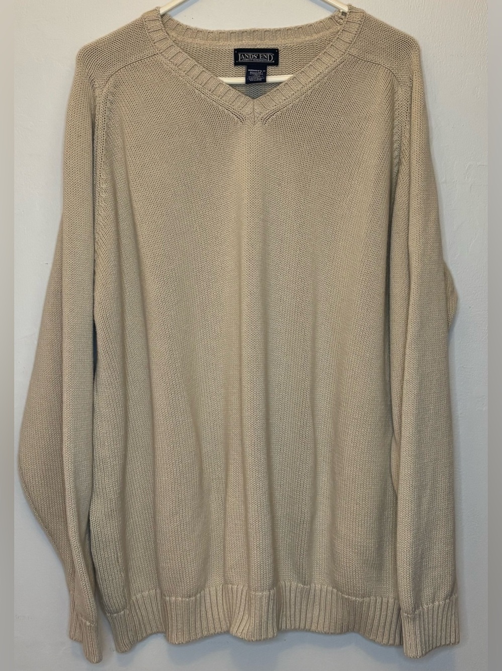 VTG Lands' End Drifter Cotton V-Neck Sweater 1X Made in USA Beige Cream